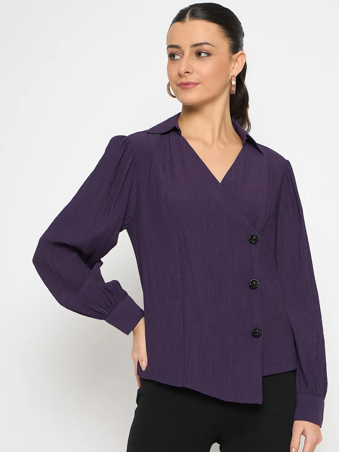 Madame Purple Asymmetrical Front Hemline Rayon Blend Shirt
