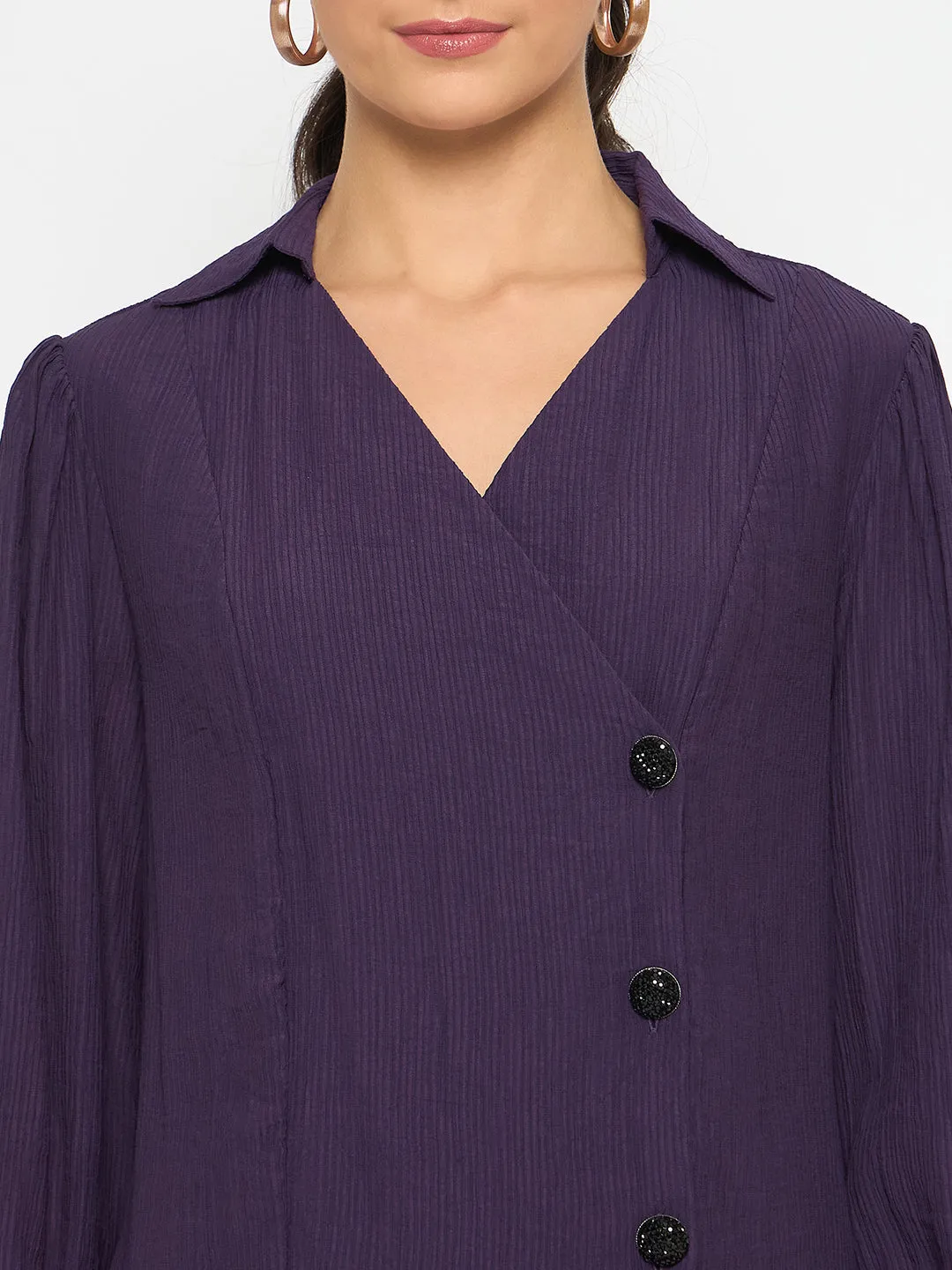 Madame Purple Asymmetrical Front Hemline Rayon Blend Shirt