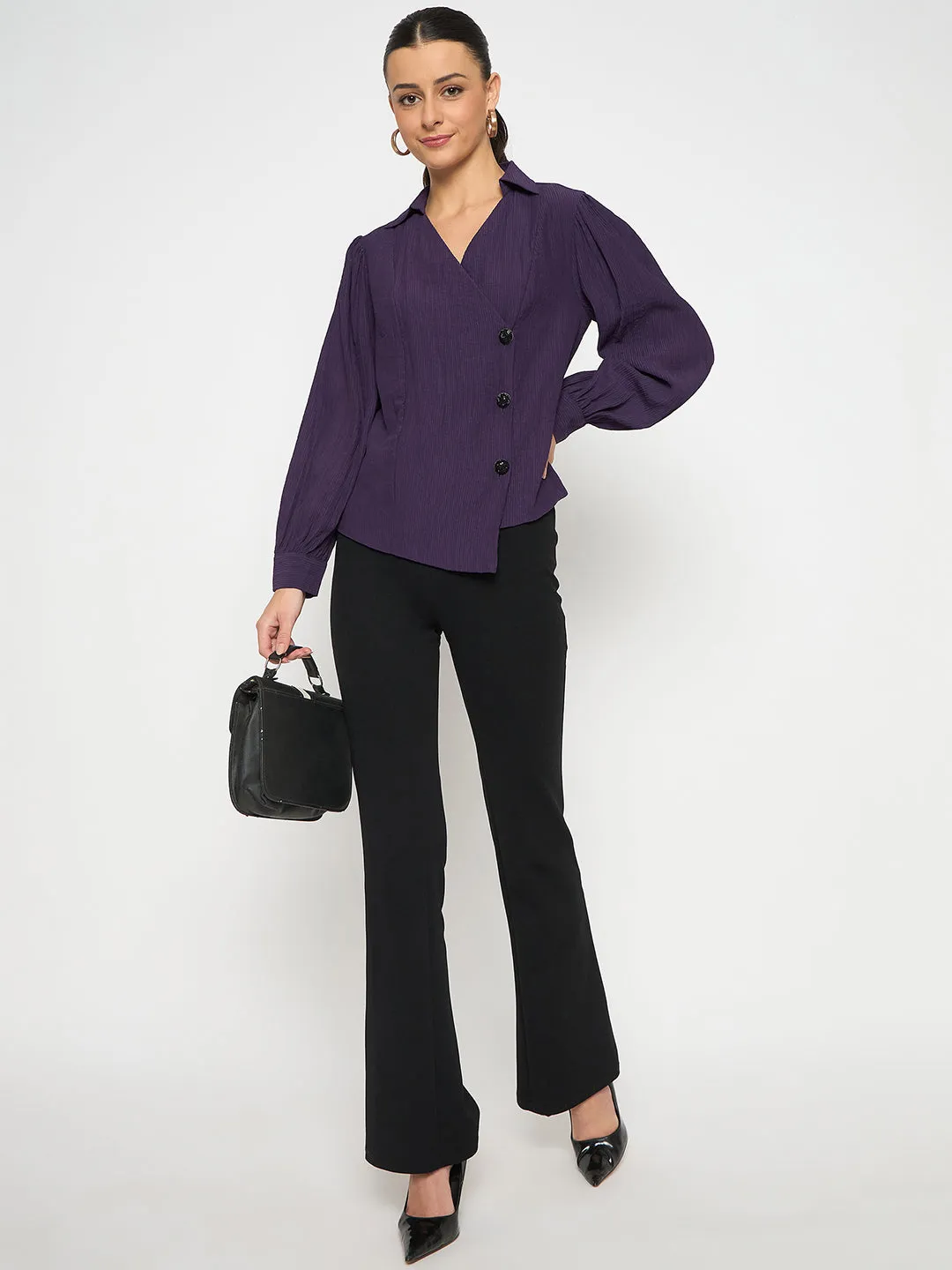 Madame Purple Asymmetrical Front Hemline Rayon Blend Shirt