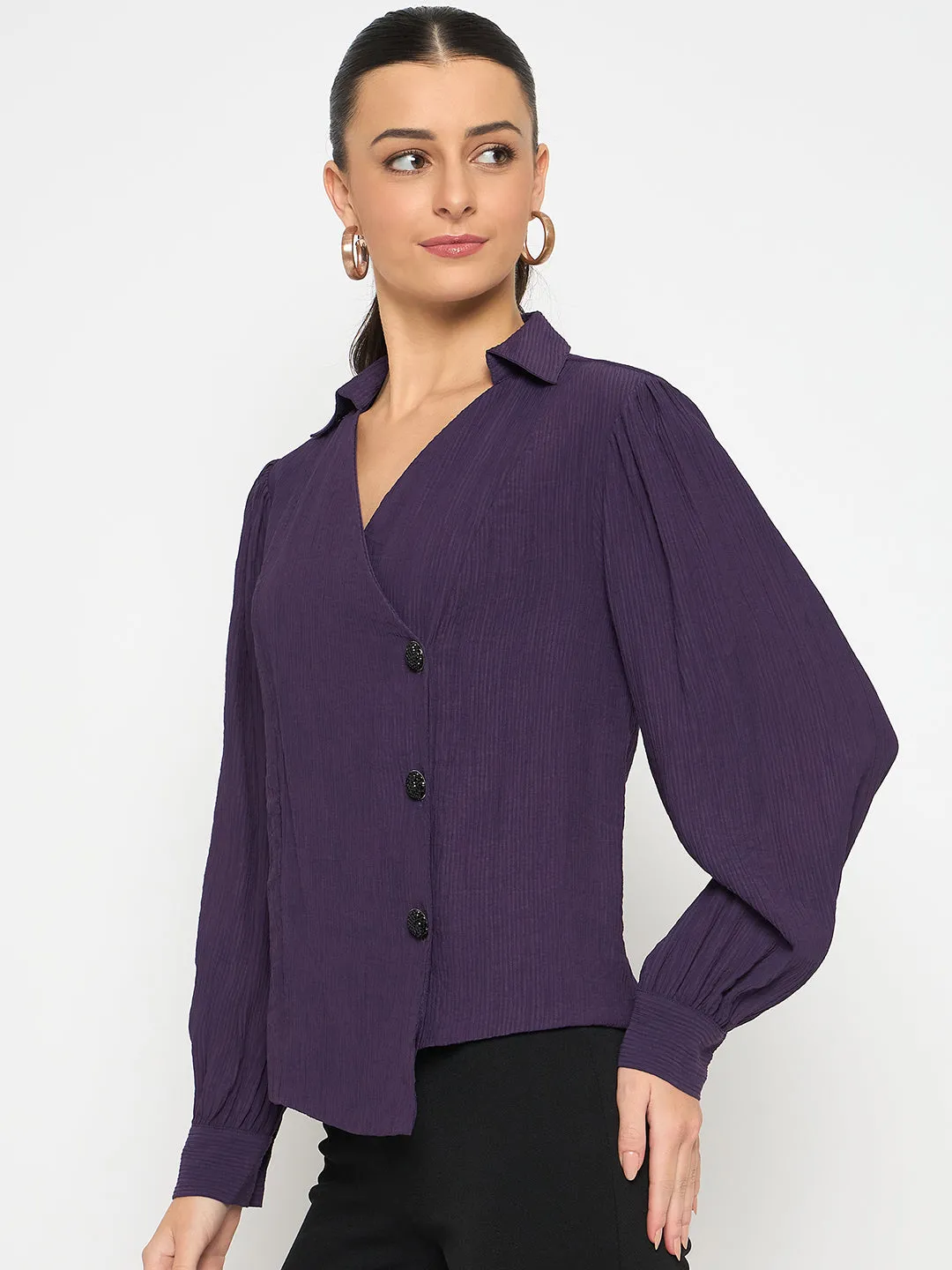 Madame Purple Asymmetrical Front Hemline Rayon Blend Shirt