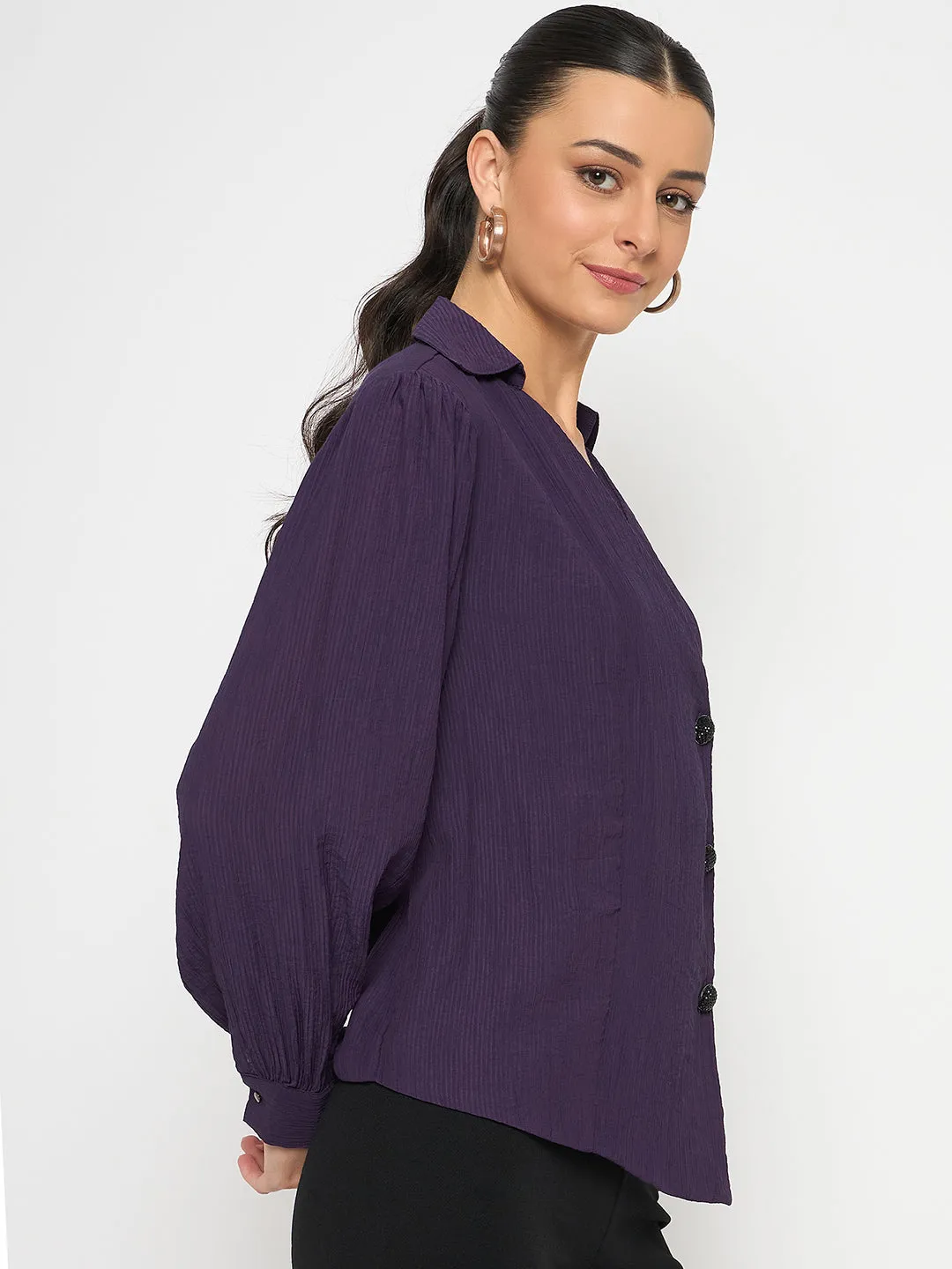 Madame Purple Asymmetrical Front Hemline Rayon Blend Shirt