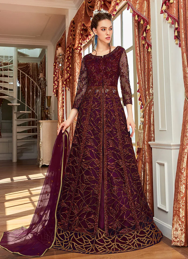 Maroon Zari Embroidered Anarkali Lehenga Suit