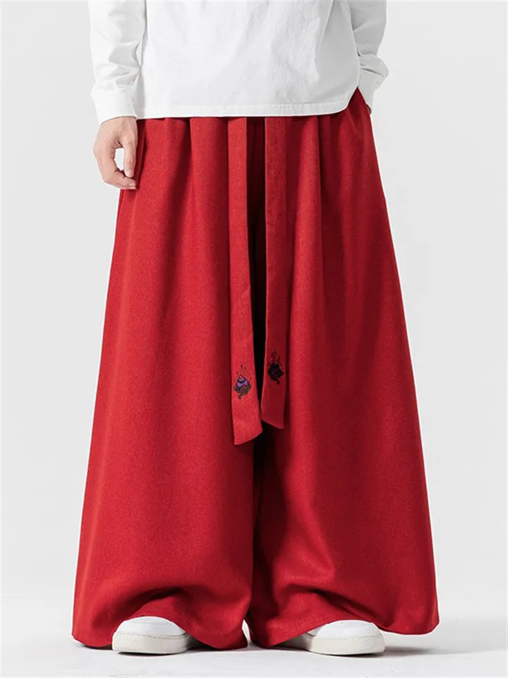 Men's Ultra Loose Wide Leg Pants with Flame Pattern Strap