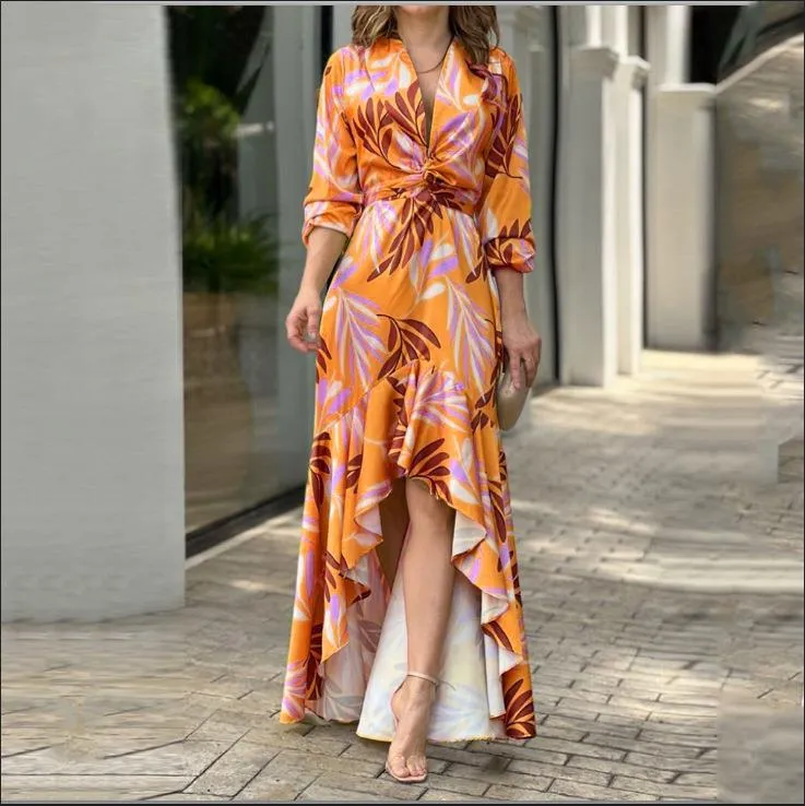 MOMENTLOVER New 's new 2025 women's clothing trendy fashion printed lace-up high-waisted elegant fishtail dress 661