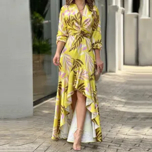 MOMENTLOVER New 's new 2025 women's clothing trendy fashion printed lace-up high-waisted elegant fishtail dress 661