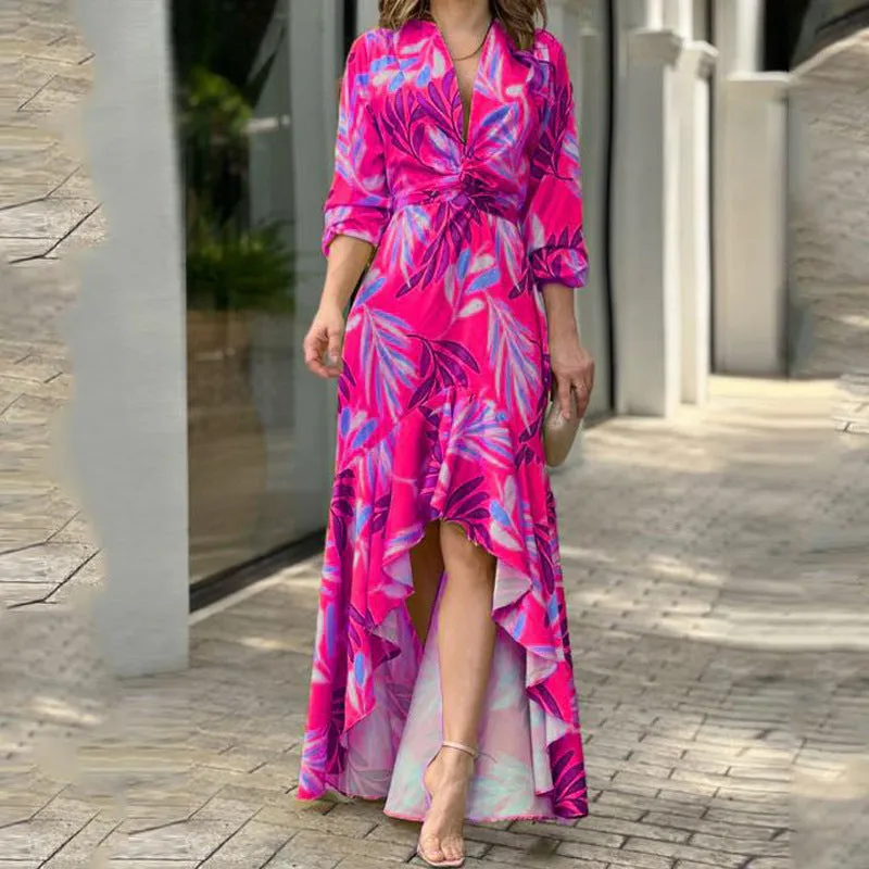 MOMENTLOVER New 's new 2025 women's clothing trendy fashion printed lace-up high-waisted elegant fishtail dress 661