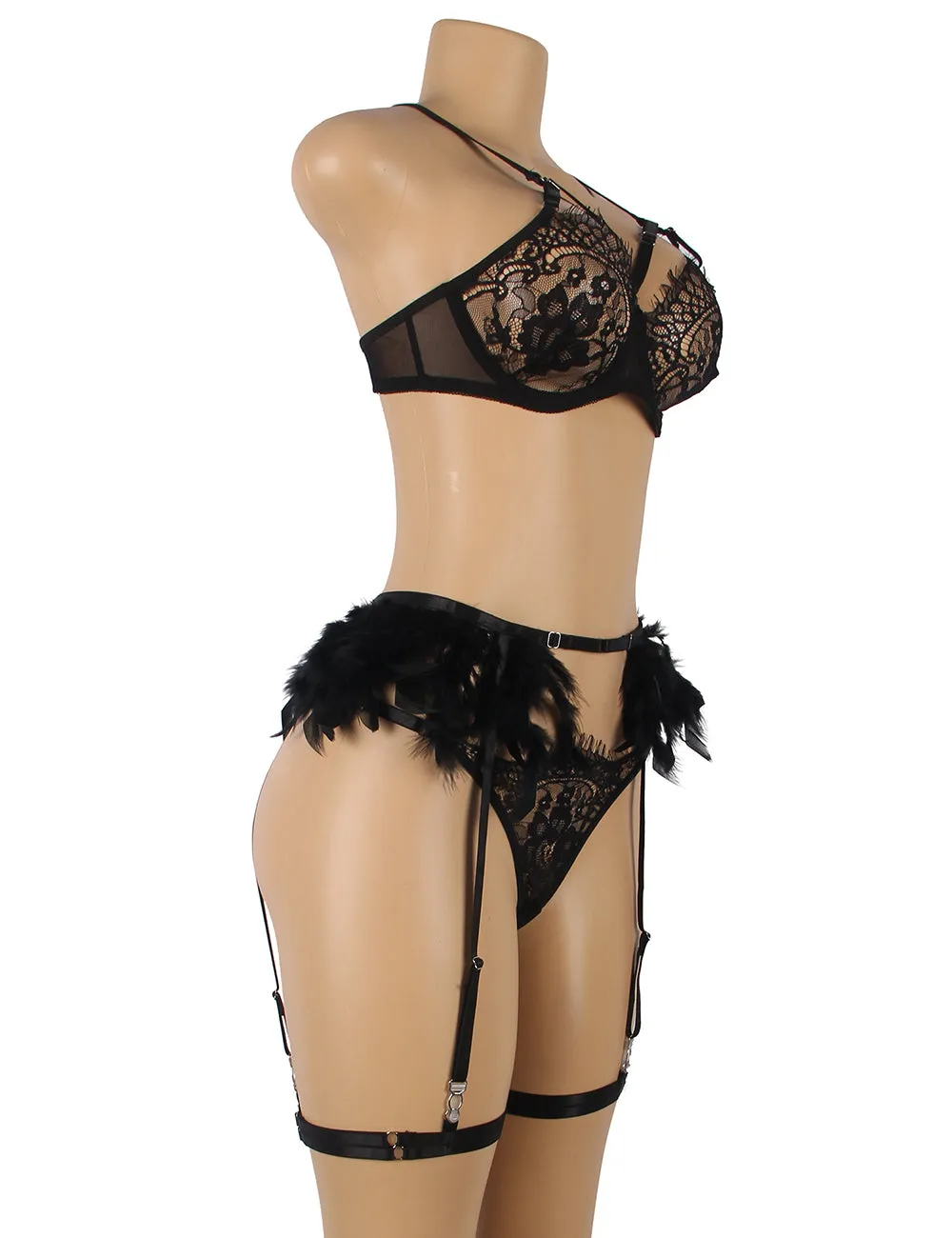 New Feather Lace Underwire Garter Egypt Lingerie Set