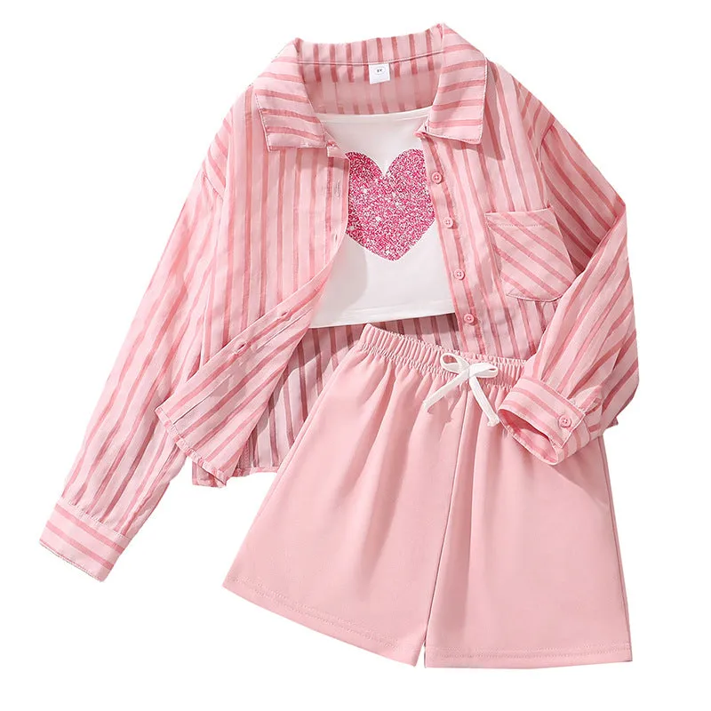 New style long-sleeved sun-proof shirt love vest shorts three-piece suit