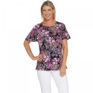 NWT Denim & Co. Womens Floral Print Round-Neck Flutter Sleeve Top. A307659 M