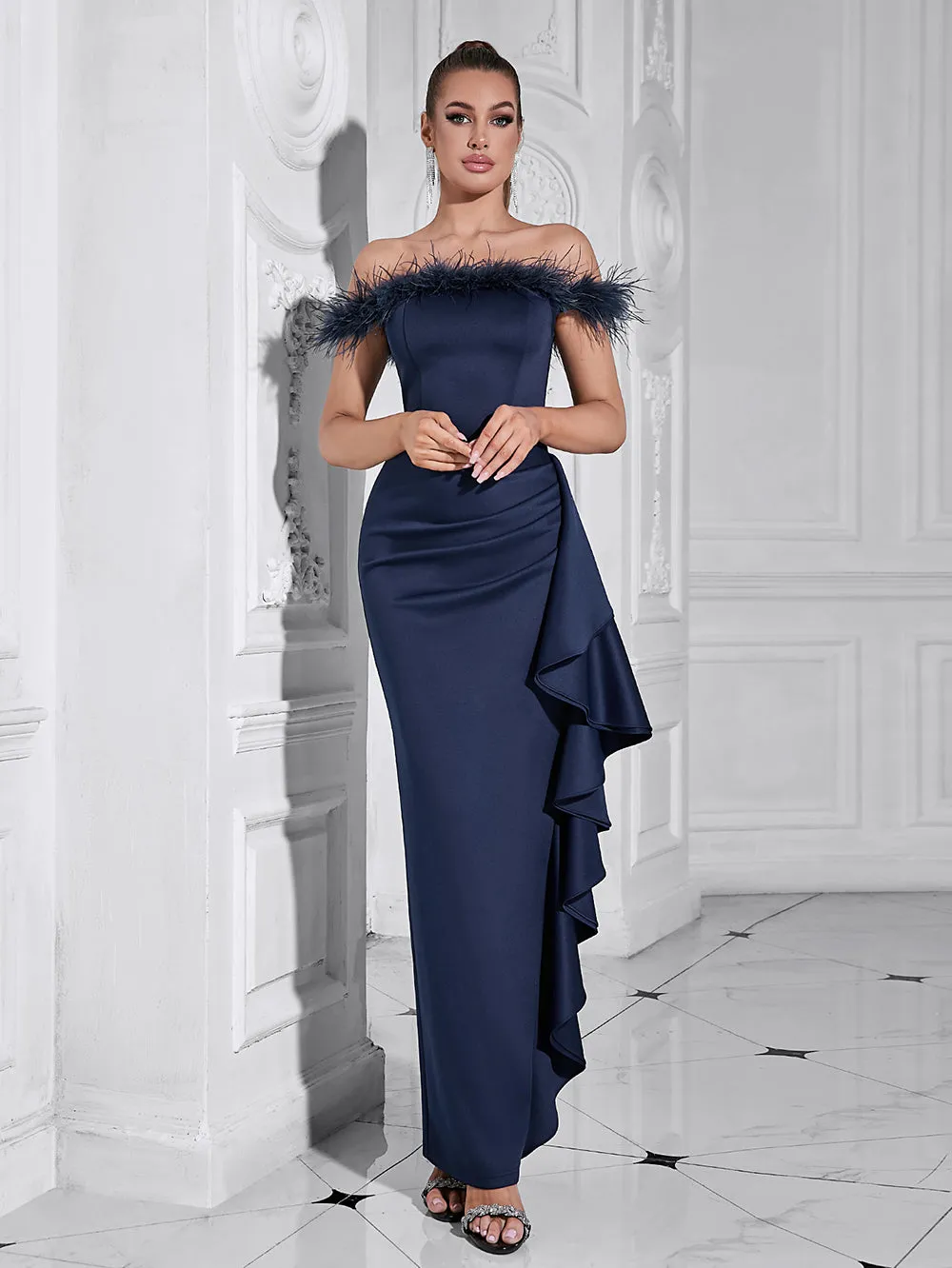 Off Shoulder Sleeveless Feather Collar Maxi Bodycon Dress HB10209