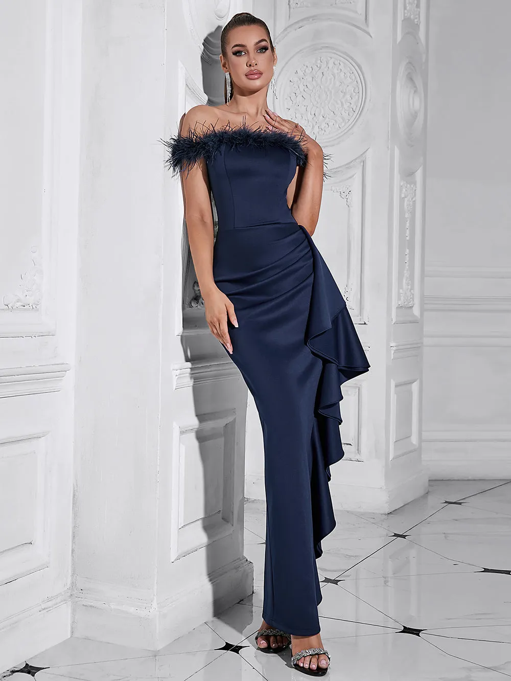 Off Shoulder Sleeveless Feather Collar Maxi Bodycon Dress HB10209