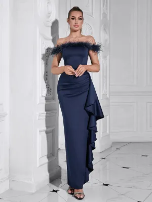 Off Shoulder Sleeveless Feather Collar Maxi Bodycon Dress HB10209