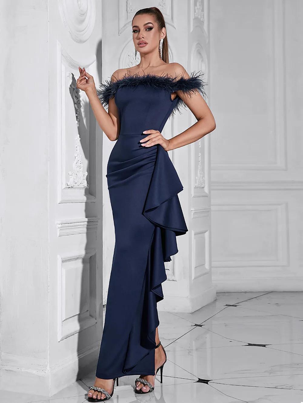 Off Shoulder Sleeveless Feather Collar Maxi Bodycon Dress HB10209