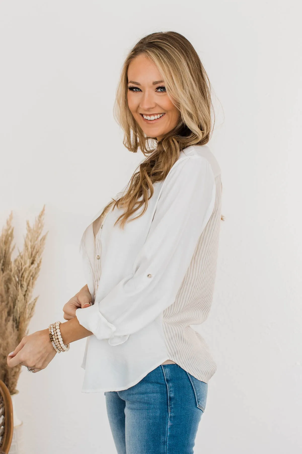 Off To A Meeting Button Down Top- Taupe