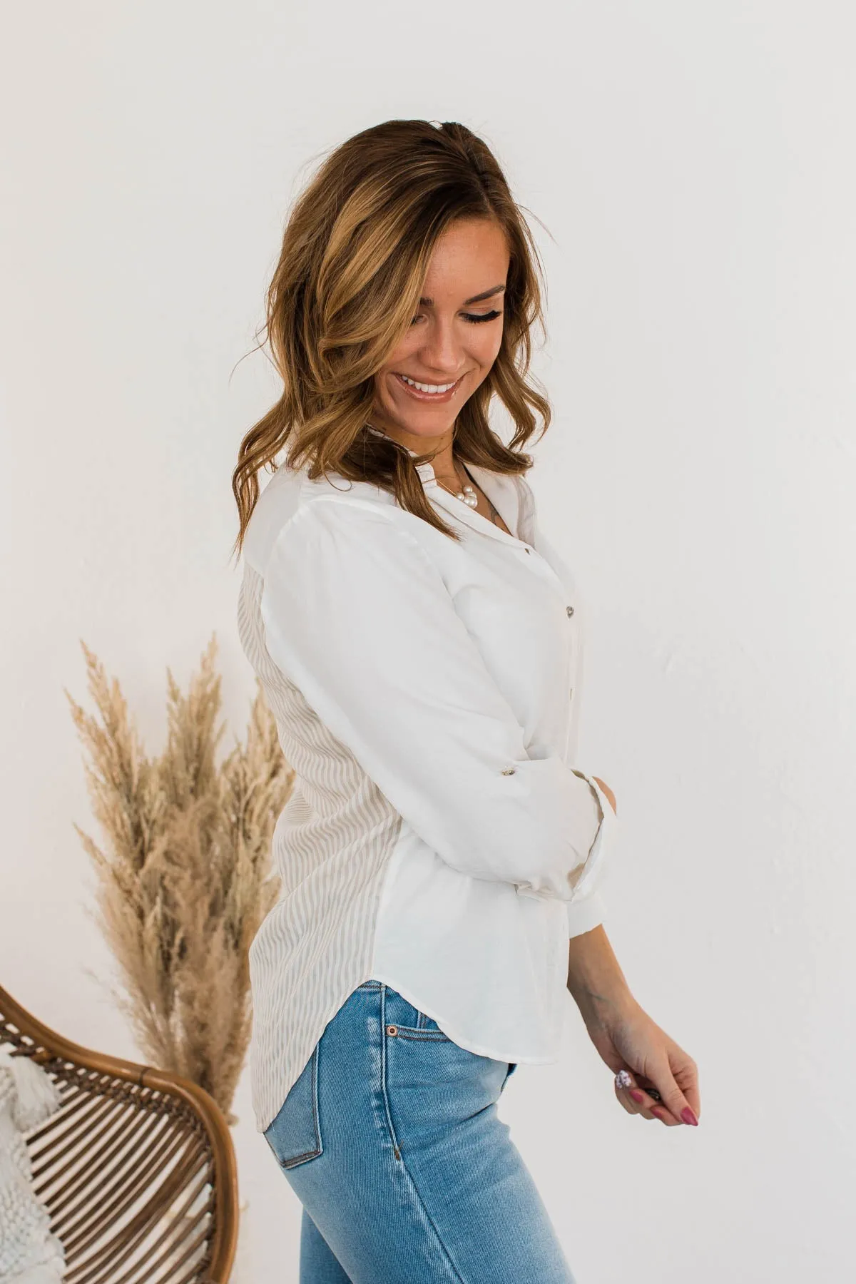 Off To A Meeting Button Down Top- Taupe