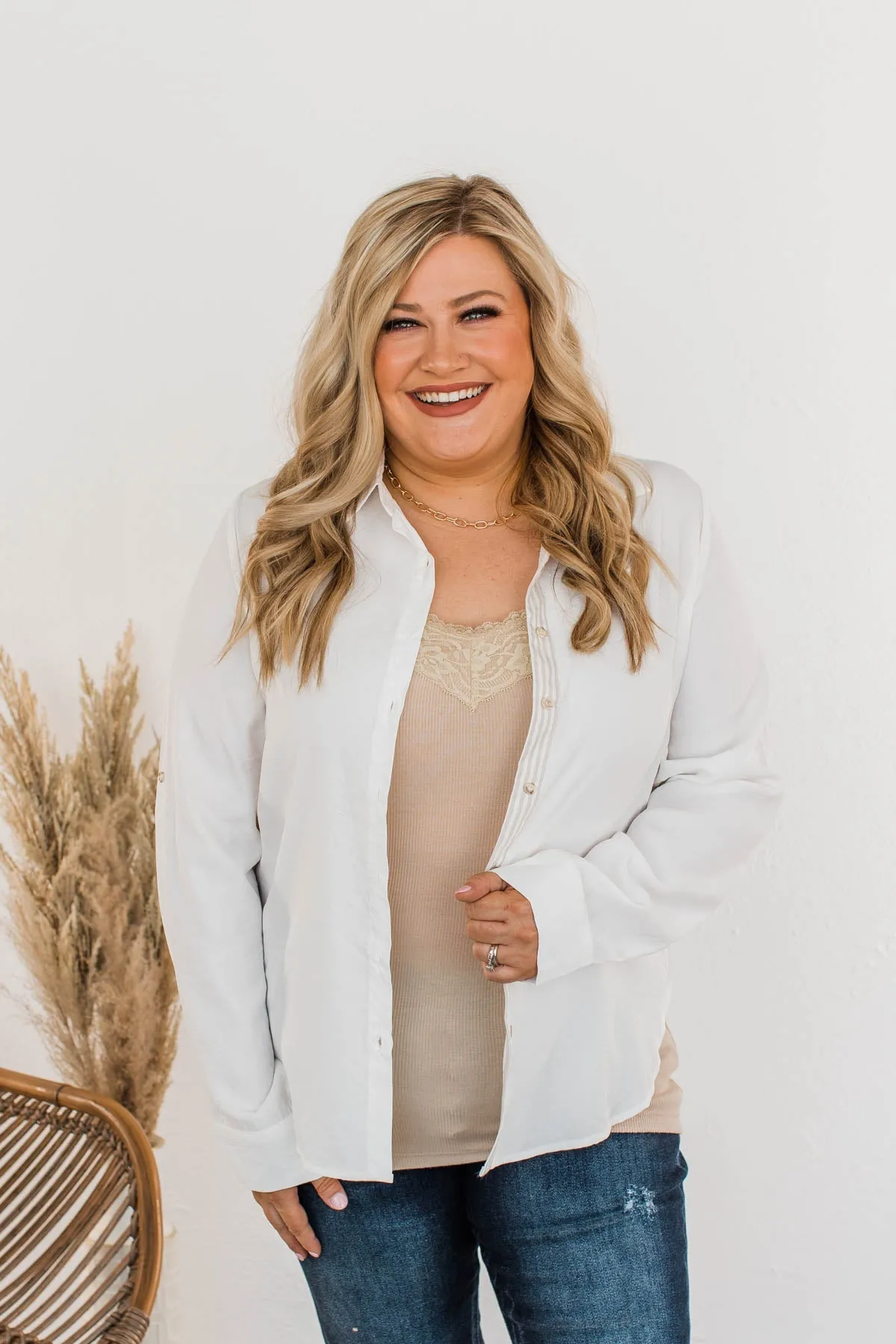 Off To A Meeting Button Down Top- Taupe