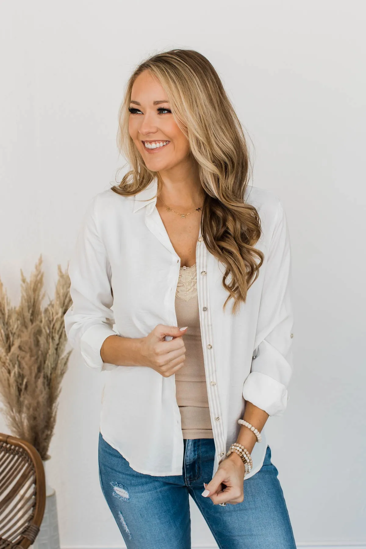Off To A Meeting Button Down Top- Taupe