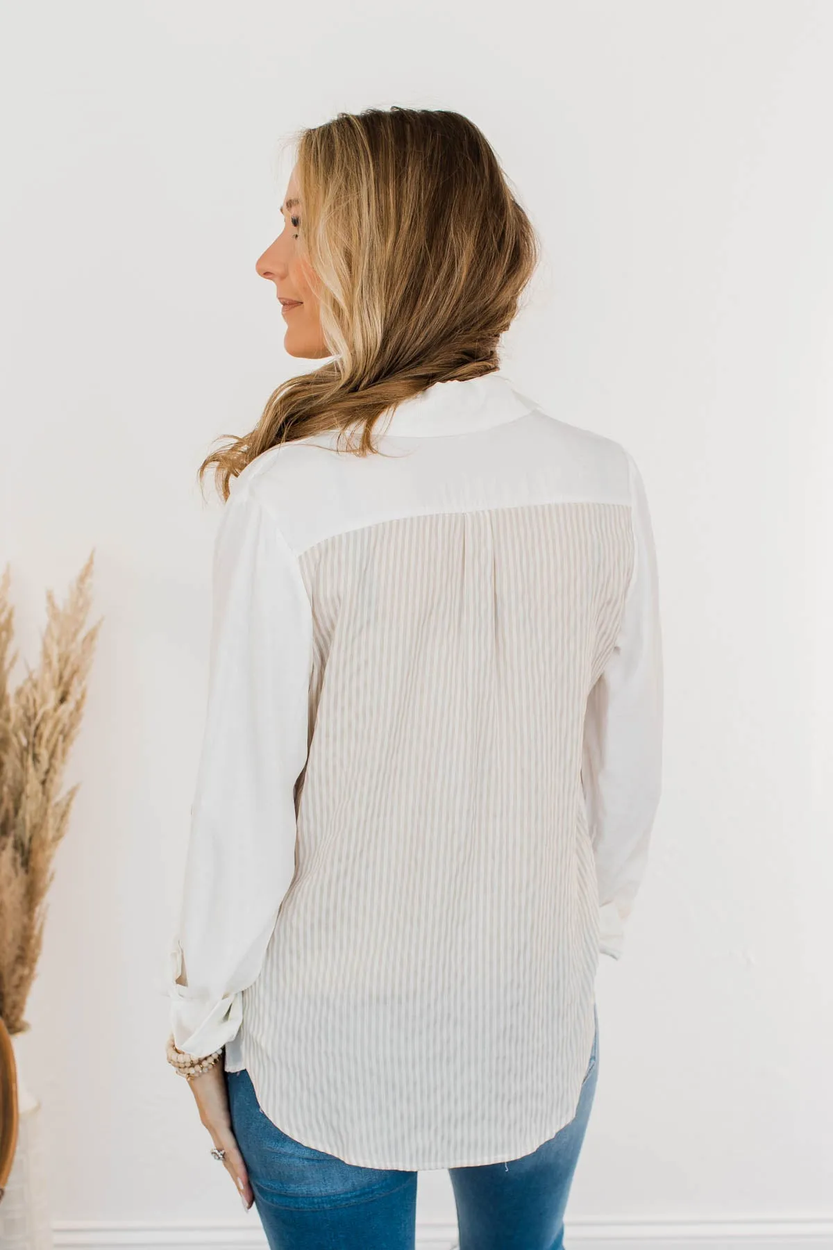 Off To A Meeting Button Down Top- Taupe