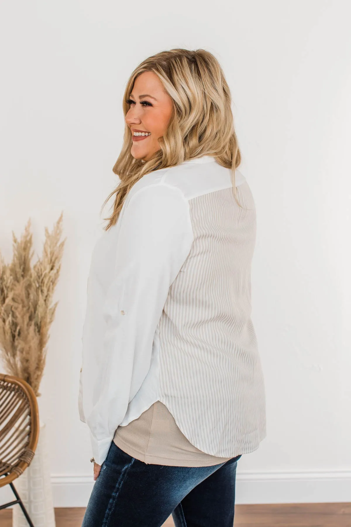 Off To A Meeting Button Down Top- Taupe