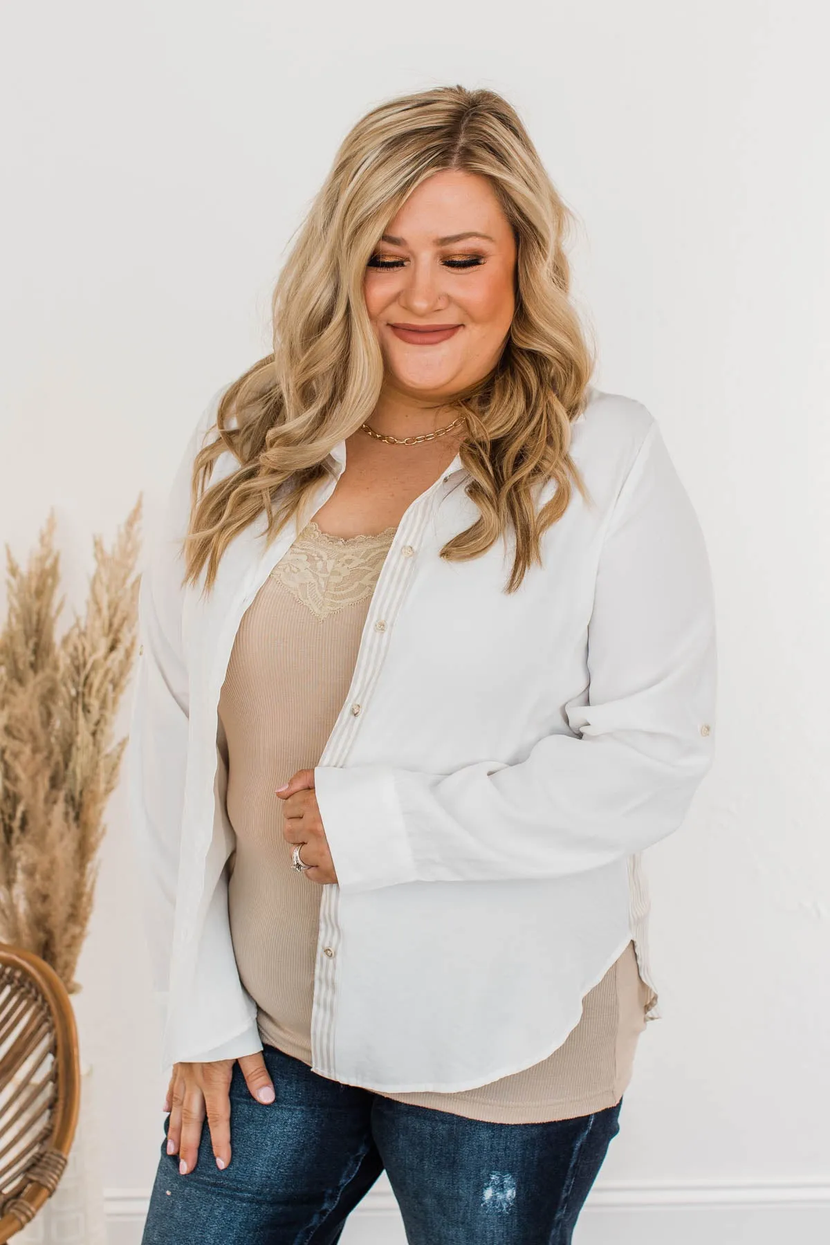 Off To A Meeting Button Down Top- Taupe