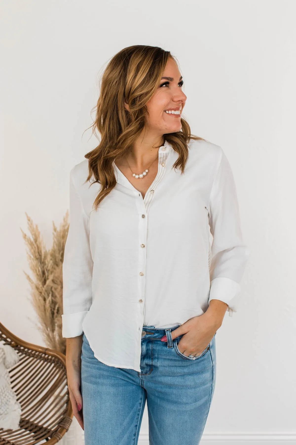 Off To A Meeting Button Down Top- Taupe
