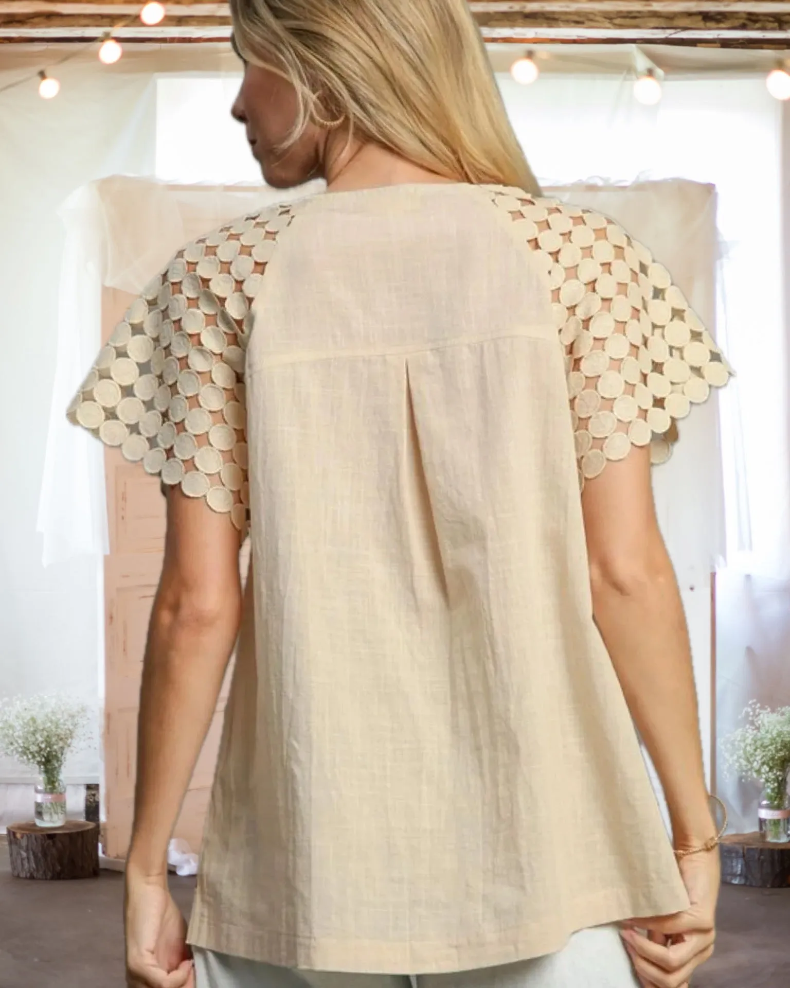 On the Dot Mixed Polka Dot Lace Top in Light Tan - Misses and Curvy