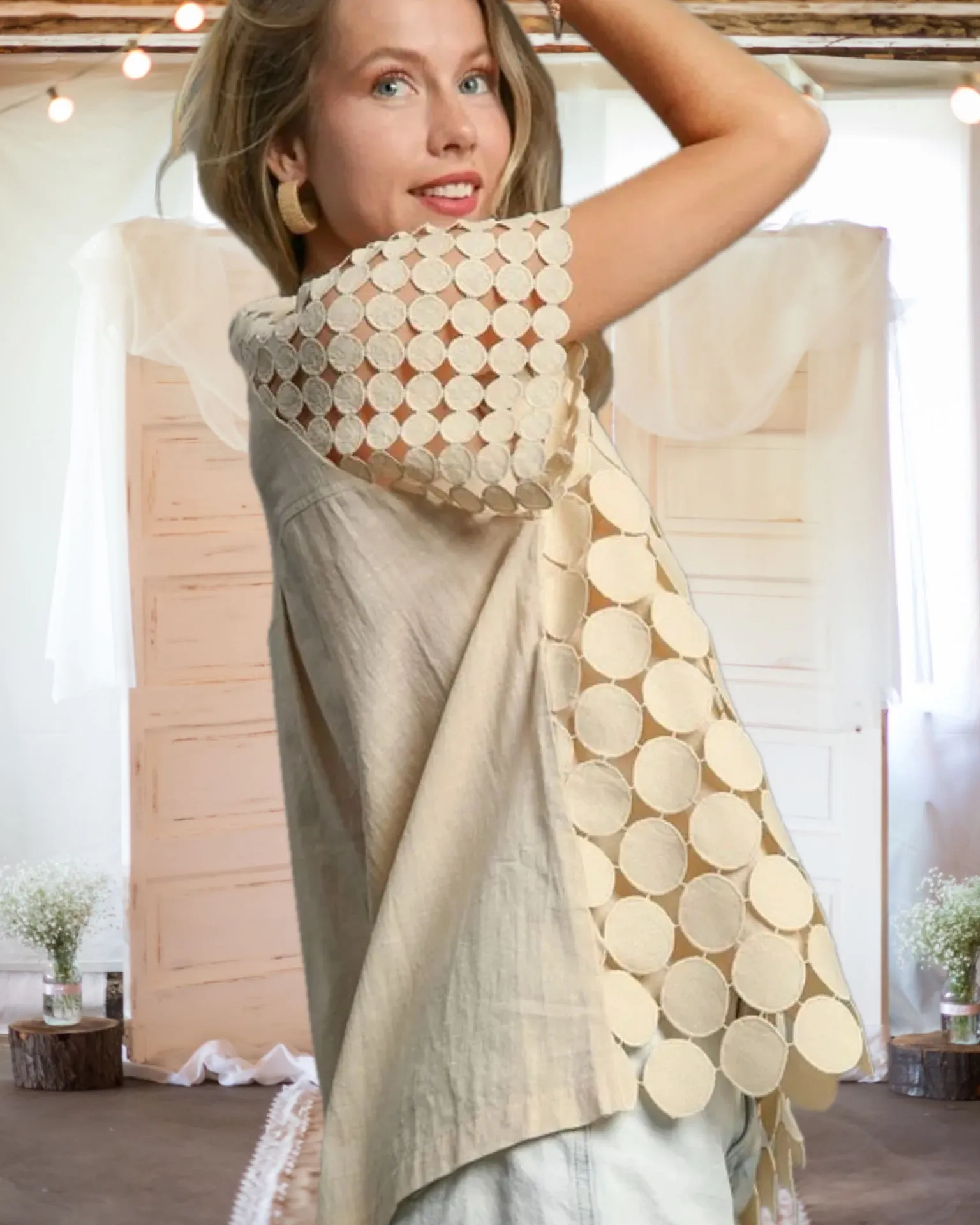 On the Dot Mixed Polka Dot Lace Top in Light Tan - Misses and Curvy