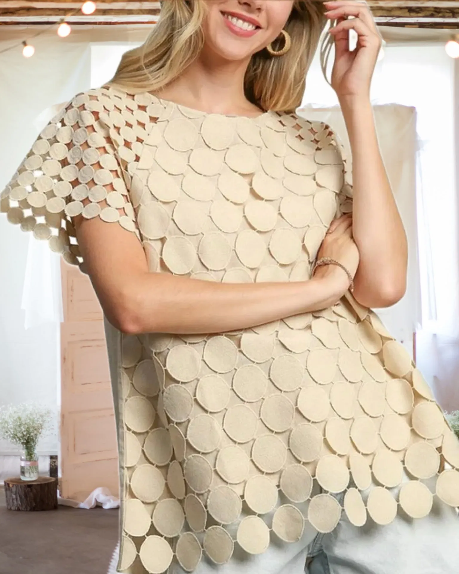 On the Dot Mixed Polka Dot Lace Top in Light Tan - Misses and Curvy