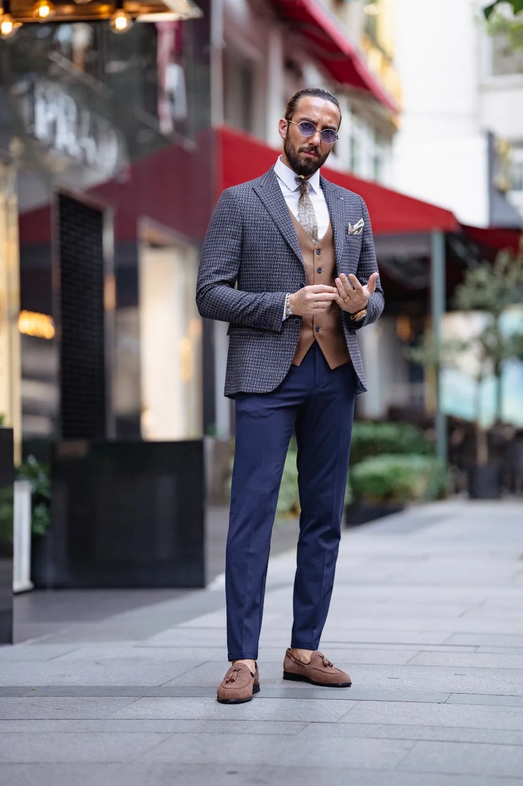 Paris Navy Blue Slim Fit Peak Lapel 3 Piece Combined Suit
