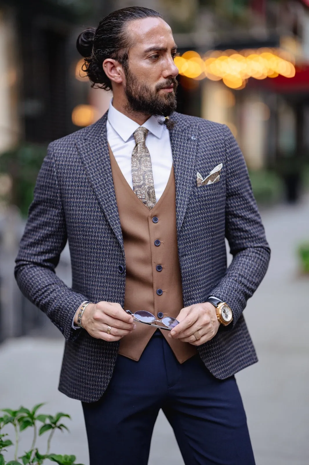 Paris Navy Blue Slim Fit Peak Lapel 3 Piece Combined Suit