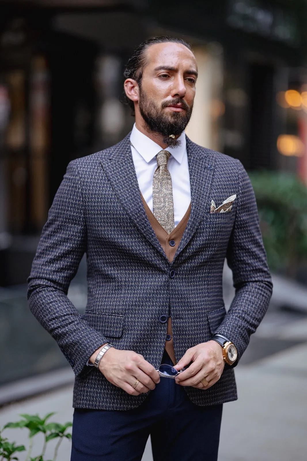 Paris Navy Blue Slim Fit Peak Lapel 3 Piece Combined Suit