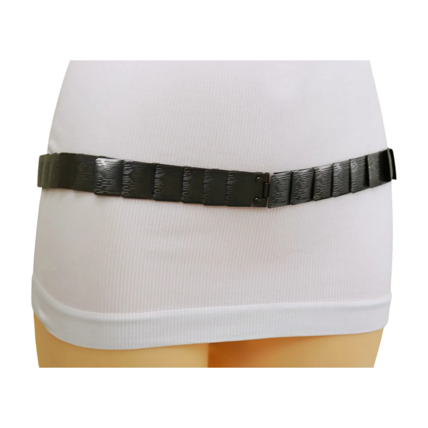 Pewter Black Color Metal Elastic Waistband Skinny Belt Size S M