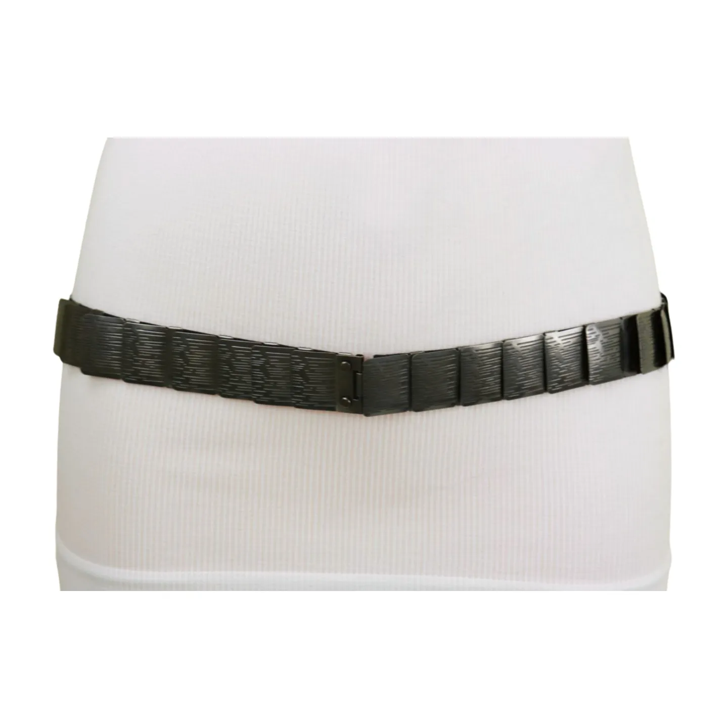 Pewter Black Color Metal Elastic Waistband Skinny Belt Size S M