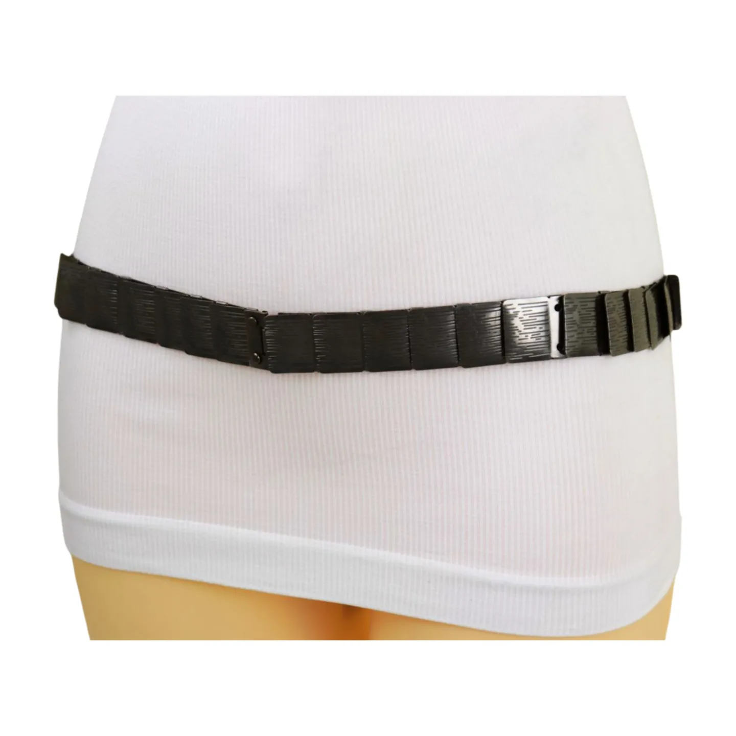 Pewter Black Color Metal Elastic Waistband Skinny Belt Size S M