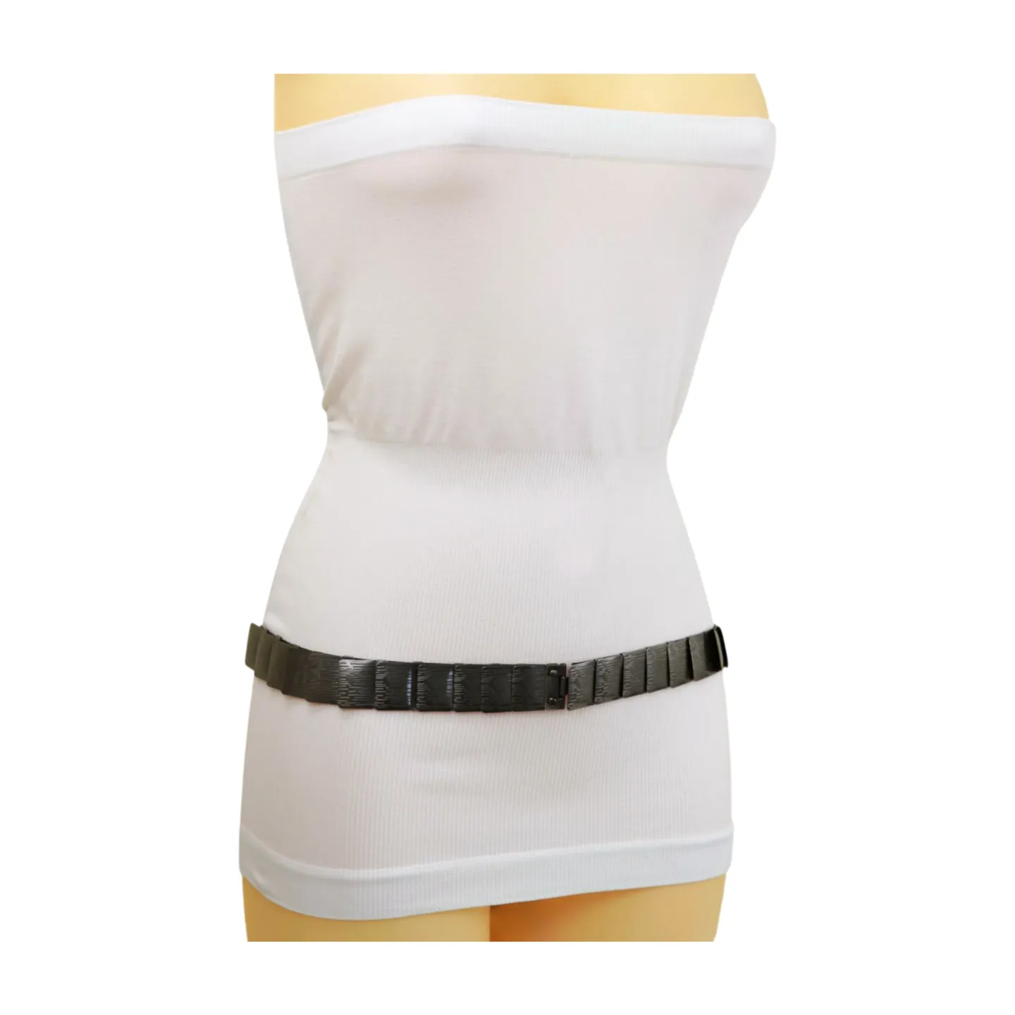 Pewter Black Color Metal Elastic Waistband Skinny Belt Size S M