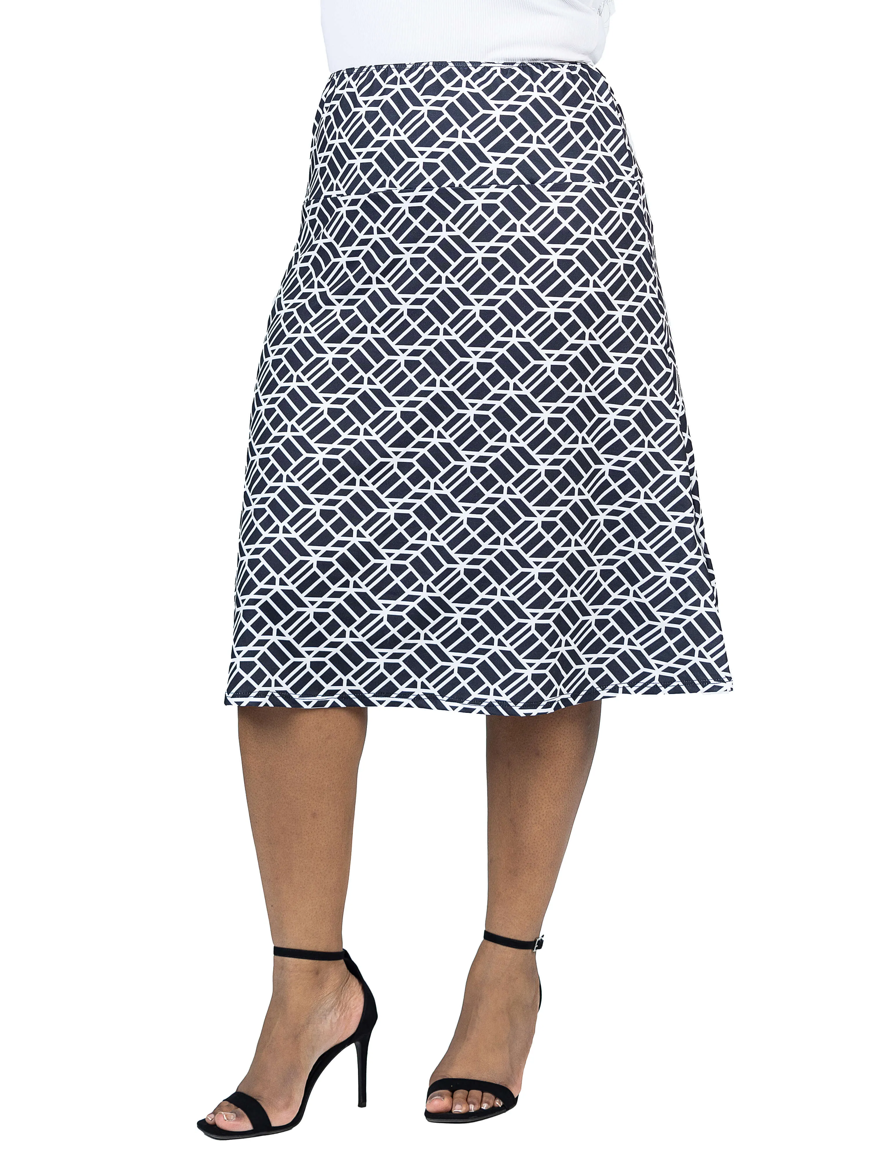Plus Size Black Geometric Print Comfortable Elastic Waist Knee Length Skirt