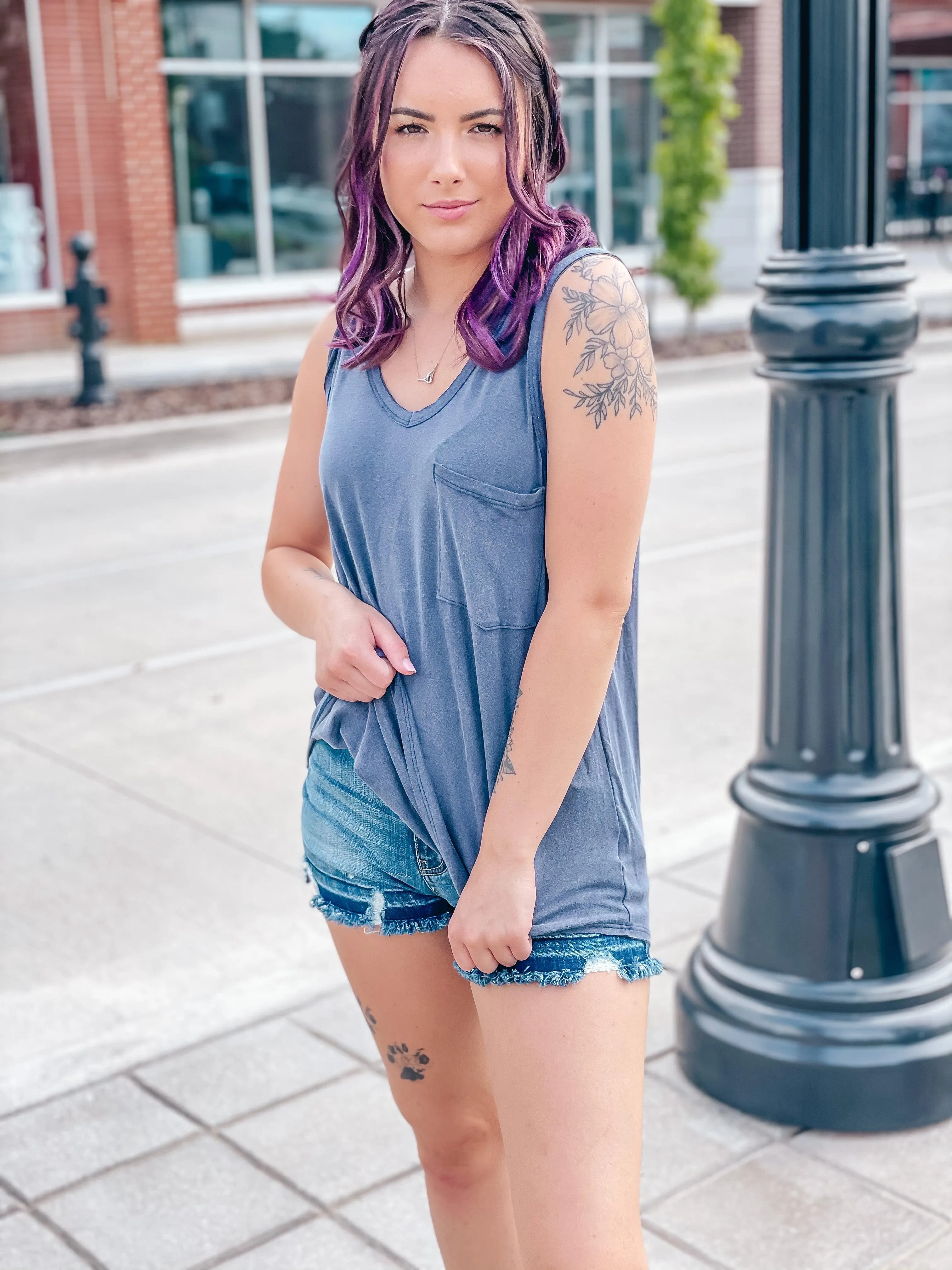 Pocket V Neck Tank- Denim