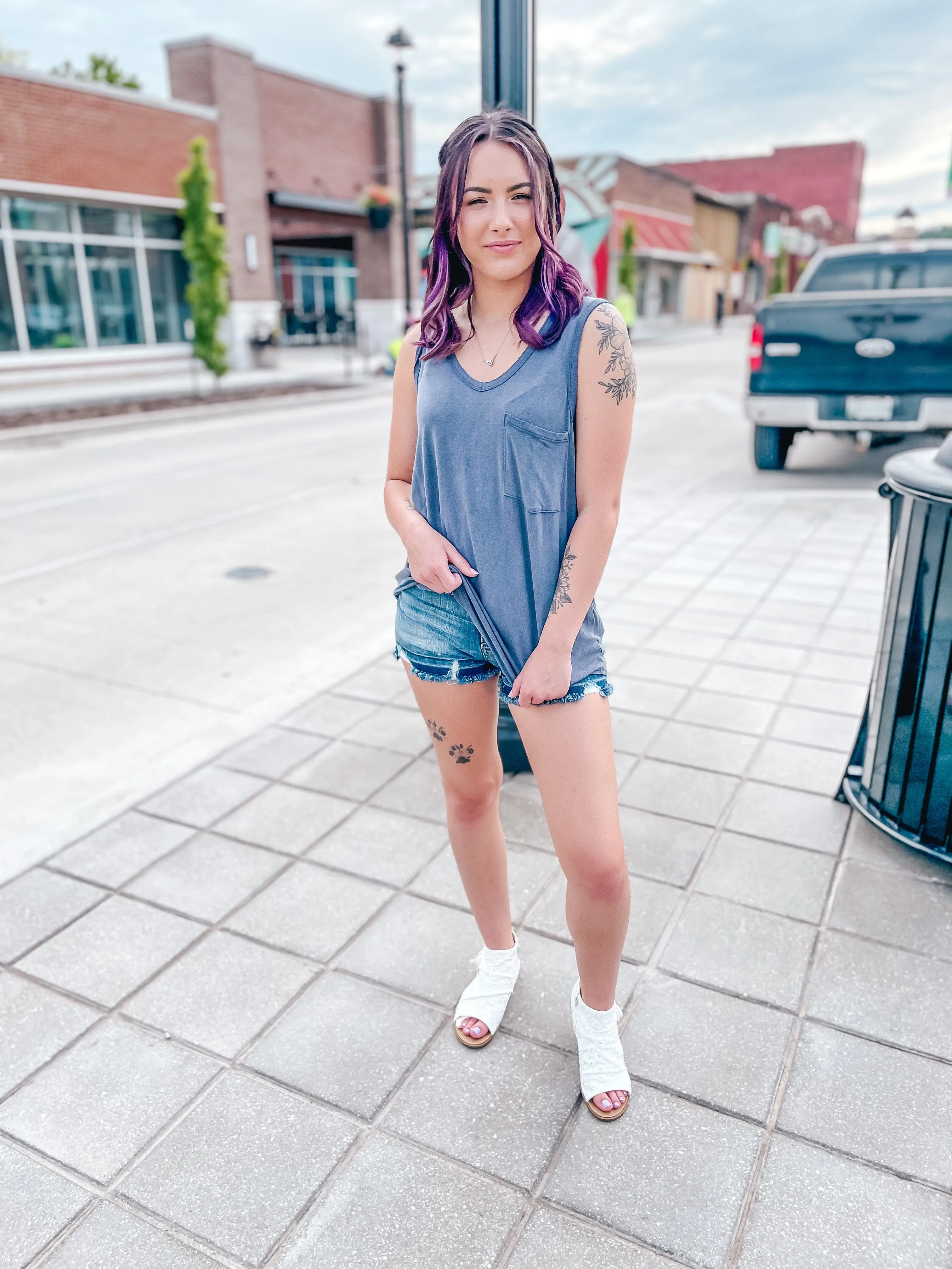 Pocket V Neck Tank- Denim
