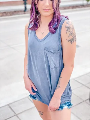 Pocket V Neck Tank- Denim