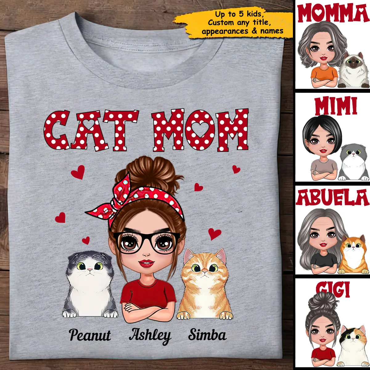 Polka Dot Pattern Doll Cat Mom Gift For Cat Lovers Personalized Shirt
