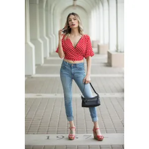 Polka Dot V-Neck Mid Bell Sleeve Blouse with Tie On Back (New2You Lx)
