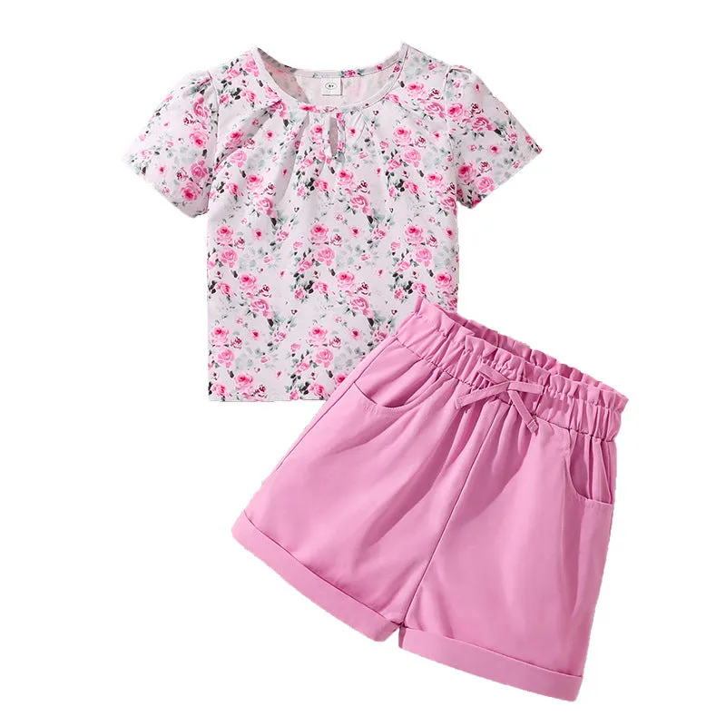 Print short-sleeved tops and shorts two-piece suit