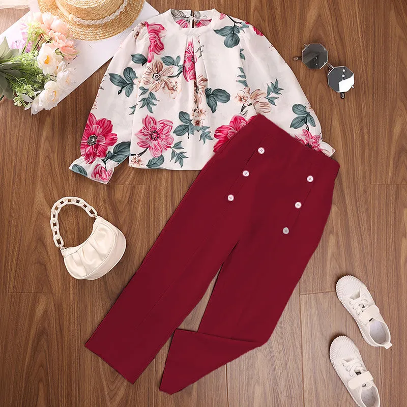 Printed long-sleeved tops and trousers two-piece suits FD
