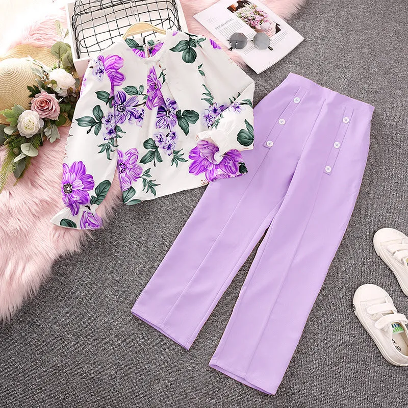 Printed long-sleeved tops and trousers two-piece suits FD
