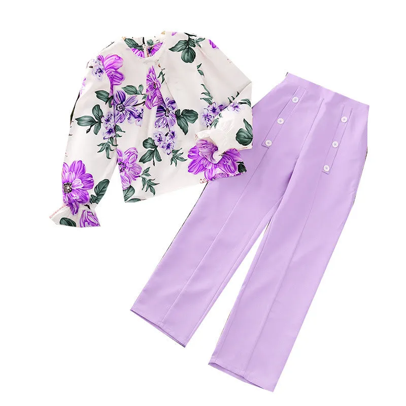Printed long-sleeved tops and trousers two-piece suits FD