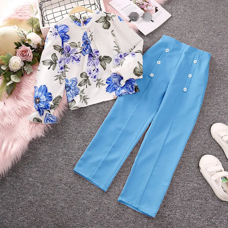 Printed long-sleeved tops and trousers two-piece suits FD