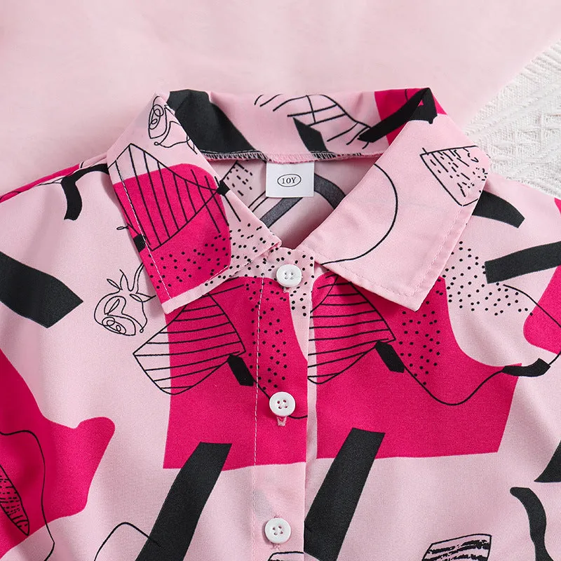 Printed short-sleeved shirt skirt pants two-piece suit