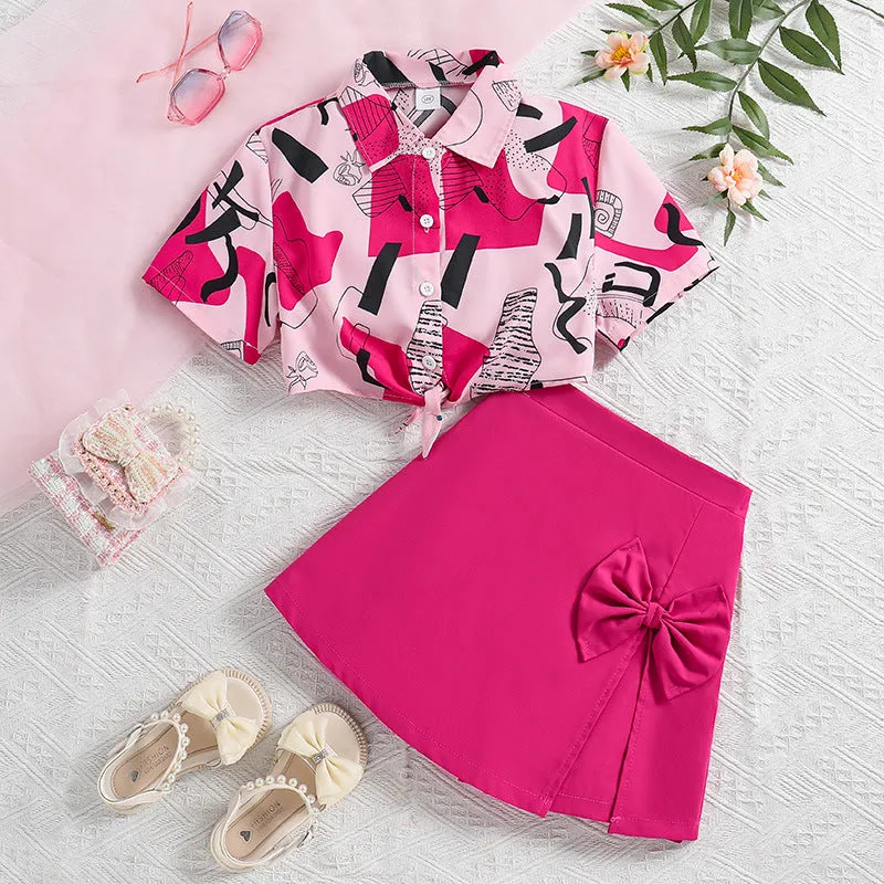 Printed short-sleeved shirt skirt pants two-piece suit