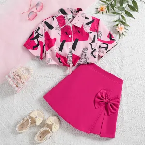 Printed short-sleeved shirt skirt pants two-piece suit