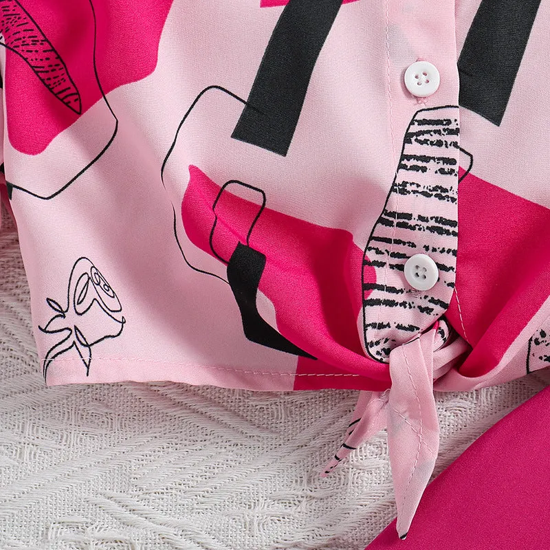 Printed short-sleeved shirt skirt pants two-piece suit